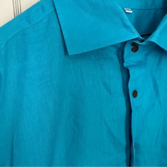 Wedding Tropics Shirt Linen Button Down Teal French Cuff Cobalt Blue Size 4X - Picture 6 of 10